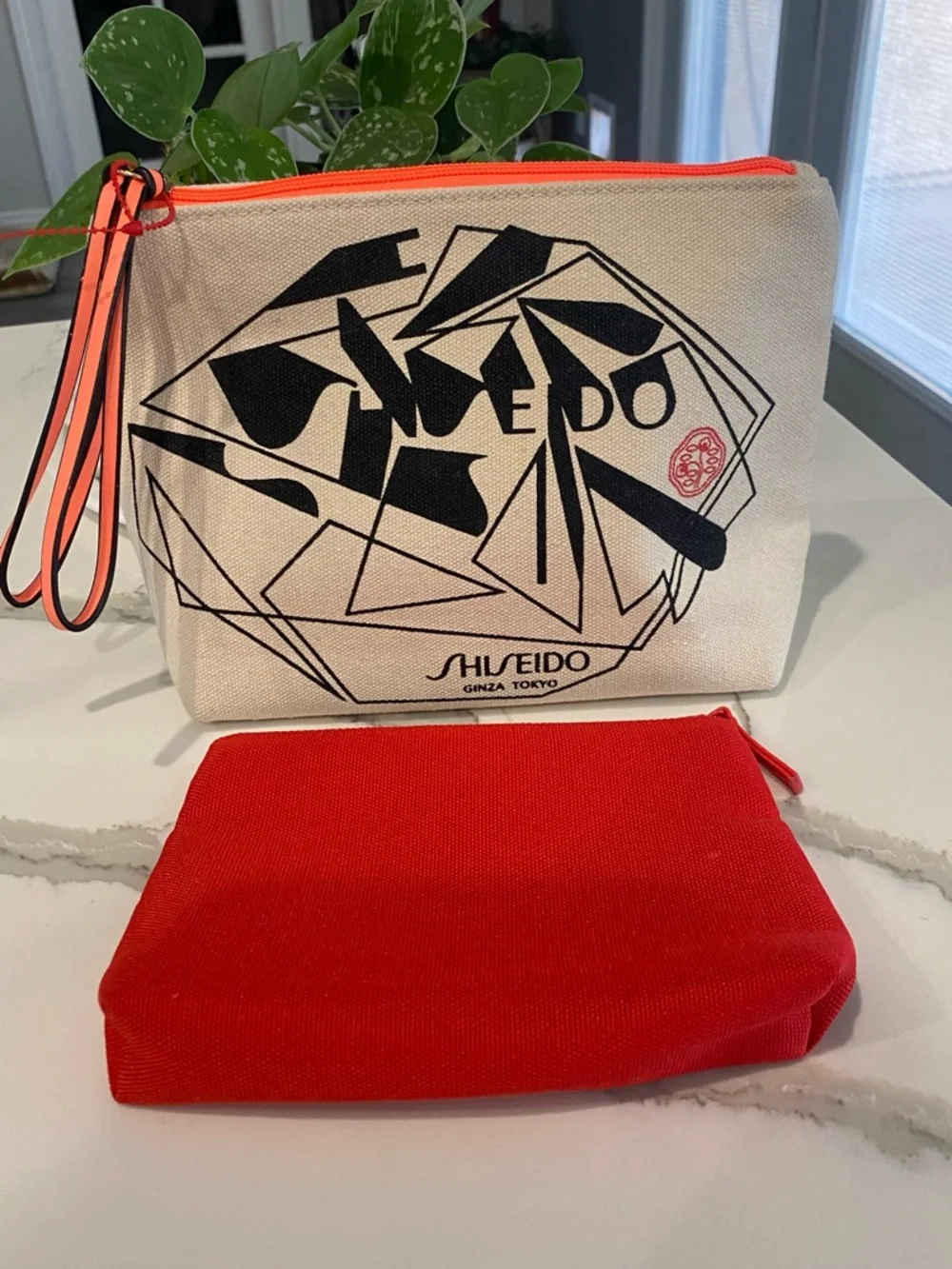 Shiseido Black & Cream Canvas Cosmetic Pouch with Red Travel Case